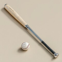 Close up view of a wooden baseball bat and ball on a light beige surface. The bat has a light colored wood barrel and a darker handle.