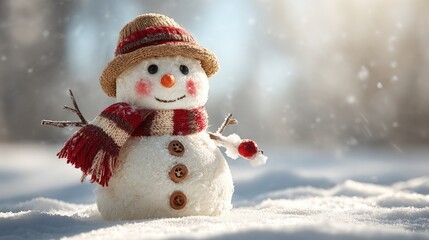 Fototapeta premium Cute Snowman with a Straw Hat and a Red Scarf Smiling in a Winter Wonderland with Soft Snow Background