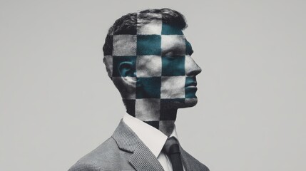 A stylized image of a man with a checkered pattern overlay, symbolizing complexity and depth in identity and perception.