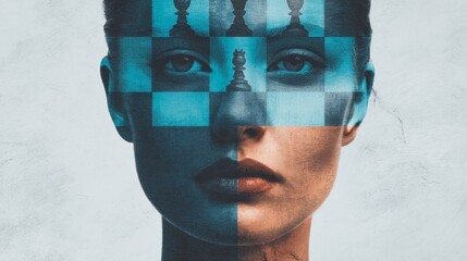 A digital artwork blending a human face with chessboard patterns, symbolizing strategy and intellect through the game of chess.