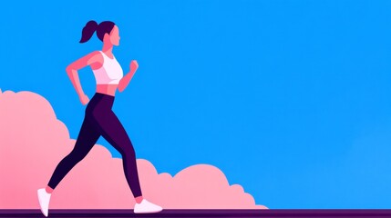 A vibrant illustration of a woman jogging against a bright blue sky with pink clouds, symbolizing fitness and active lifestyle.