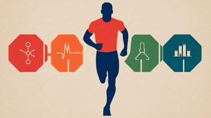 A silhouette of a runner with health and fitness icons, symbolizing wellness, exercise, and progress in various aspects of life.