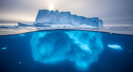Blue iceberg floating in cold ocean water

