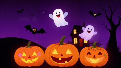 귀여운 유령과 호박, 박쥐가 함께 등장하는 보라빛 할로윈 밤의 일러스트
