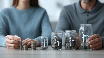 Two individuals manage savings in jars, symbolizing investment in wind energy. Coins are organized, representing financial planning and sustainability.