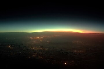 Aerial sunset glow over Earths horizon from airplane window.