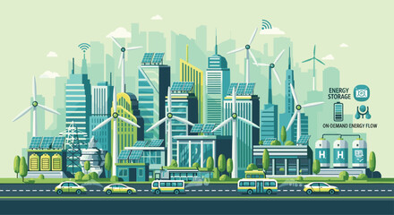Fototapeta premium Embrace a sustainable future with wind turbines and solar panels in a modern cityscape promoting green energy solutions for a cleaner planet, Generative AI.