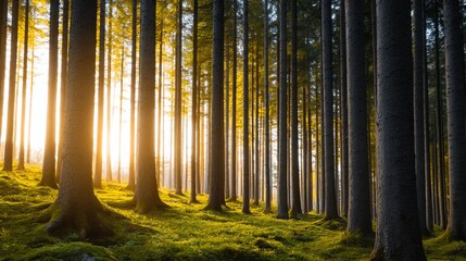 A serene forest scene illuminated by sunlight filtering through tall trees, casting warm light on the lush green undergrowth.