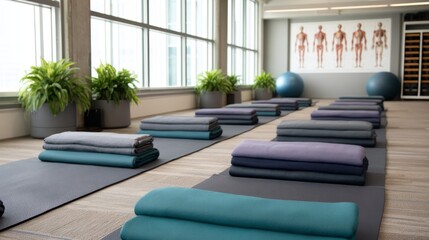 A serene yoga studio with neatly arranged mats and rolls, featuring large windows and greenery, designed for relaxation and wellness.