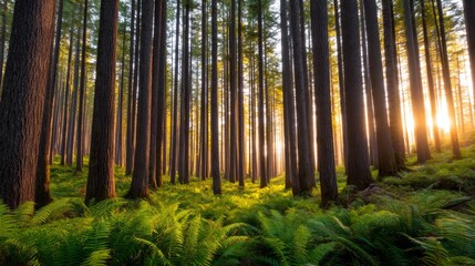 A serene forest scene with tall trees and sunlight filtering through, illuminating lush ferns on the forest floor.