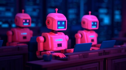 A group of colorful robots working on computers in a futuristic setting, illuminated by vibrant blue and pink lights.