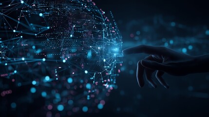 A futuristic hand reaches towards a digital globe, symbolizing connection and technology in a networked world.