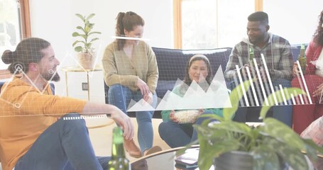 Colleagues snacking and discussing business data causing data visualization animating around group - Powered by Adobe