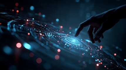 A hand reaches towards a swirling galaxy, symbolizing the connection between humanity and the cosmos through vibrant, digital elements.