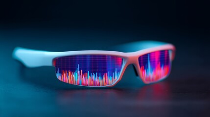 Stylish glasses with vibrant, colorful lenses displaying soundwave patterns, set against a dark background, suggesting a blend of technology and fashion.