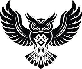 Fototapeta premium Black tribal owl with spread wings and ornate chest detail black and white wings spread