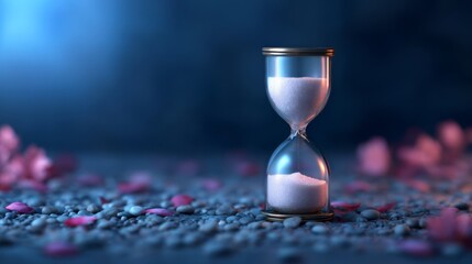 A shimmering hourglass sits on pebbles, surrounded by delicate petals, symbolizing the passage of time and fleeting moments.