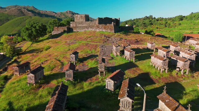 Aerial View of Lindoso Castle and Traditional Granaries in Portugal