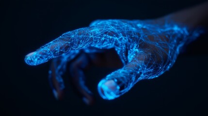 A futuristic hand covered in glowing blue digital lines, symbolizing technology and connectivity in a dark background.