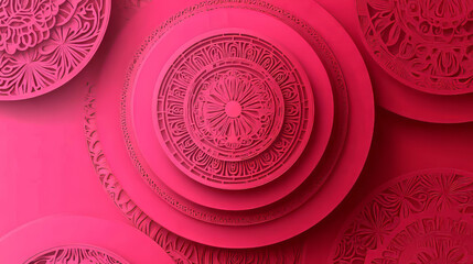 Intricate pink mandala patterns displayed in layered circular formations with detailed engravings