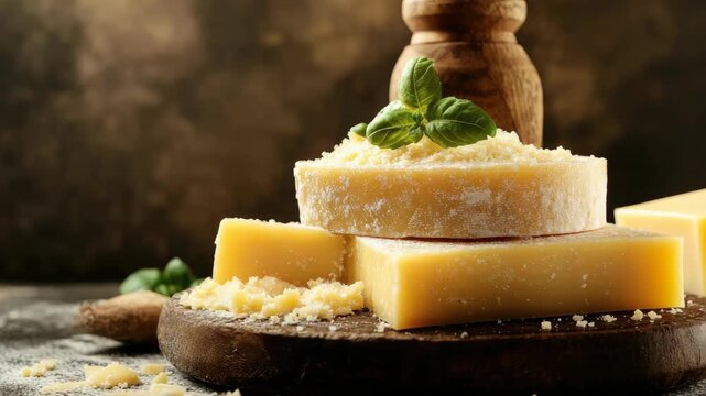 Aged cheese on wooden board garnished with basil leaves