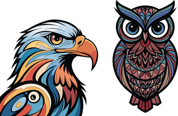 Fototapeta premium Stylized eagle head and owl face with colorful geometric feather patterns bird animal
