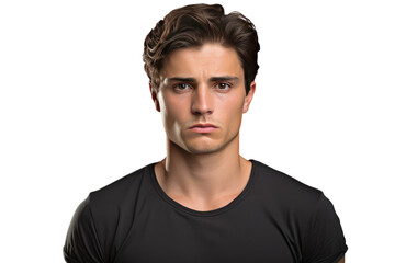 Man in Black Shirt Staring at Camera. White or PNG Transparent Background.
