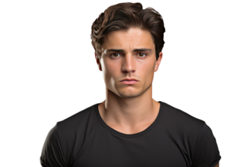 Man in Black Shirt Staring at Camera. White or PNG Transparent Background.
