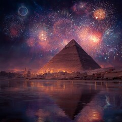 Pyramids & Fireworks: A vibrant display of fireworks illuminates the majestic pyramids, casting a mesmerizing glow over the ancient landscape and reflective water. 