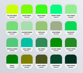 Green color codes shades guide palette catalog with color names