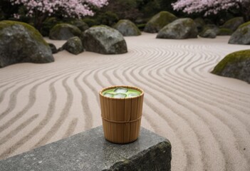 Naklejka premium Traditional japanese zen garden with bamboo cup of matcha tea amidst serene landscaping