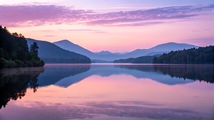 Fototapeta premium Tranquil lake mirrors mountains at dusk in a stunning landscape photography shot, perfect for travel magazines, posters, or websites.