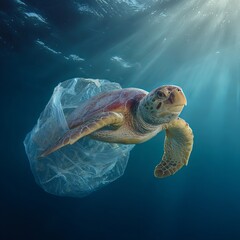Ocean's Burden: A sea turtle, entangled in a plastic bag, navigates the depths, a stark visual metaphor for the devastating impact of pollution on marine life.