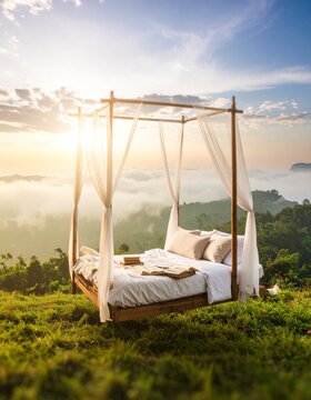 Magical floating canopy bed with pillows and books suspended in a fantastical landscape above the clouds, conveying a dreamy state of mind, travel, and serene escapism