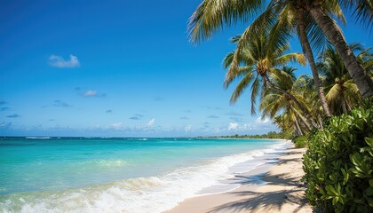 Fototapeta premium Serene tropical beach with crystal clear water and palm trees under blue sky