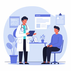 Fototapeta premium Doctor and patient consultation scene: kind doctor talking to a patient, flat character design, calming blue tones.
