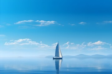 Obraz premium Solitary sailboat drifting on tranquil azure sea under clear sky, peaceful nautical seascape, serene ocean horizon, maritime travel and leisure concept, 8K ultra high resolution