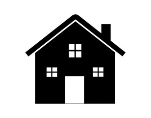Simple, black silhouette of a classic house design, featuring a peaked roof, windows, and chimney, presented against a pure white background.