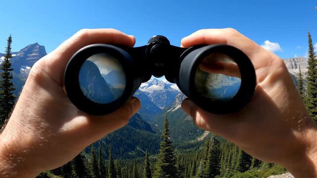 Looking Through Binoculars at Beautiful Mountain Range in Banff National Park on a Sunny Day, Trees in the Foreground