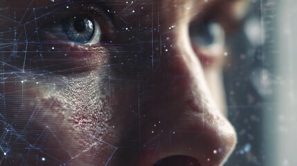 Close up of a human eye and nose with digital network overlay face blue eye