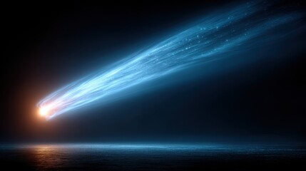 A vibrant comet with a bright tail streaks across a dark night sky above a frozen, reflective plane. The contrast between the cold blue of the comet and the dark sky is striking.