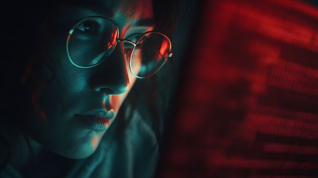 Close up of a person wearing round glasses illuminated by red and blue light with digital code reflections