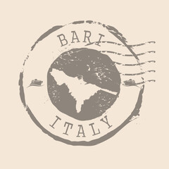 Stamp Postal of Bari is city of Italy. Map Silhouette rubber Seal.  Design Retro Travel. Seal  Map of Bari grunge  for your design. Italy. EPS10