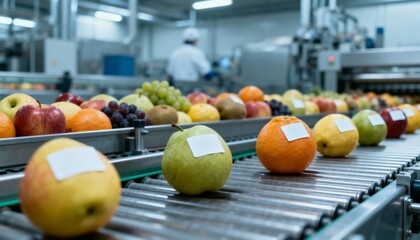 Fruit processing line with automated labeling and inspection for quality control in food production facility