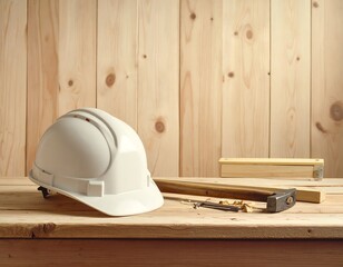 A white safety helmet rests on a wooden workbench, alongside tools and wood pieces, creating a focused and practical scene.