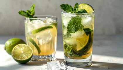 Two refreshing mojito cocktails with ice, lime wedges, and fresh mint