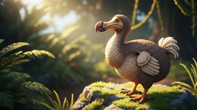 Sunlit 3D stylized dodo bird standing on mossy rock in lush tropical jungle environment.