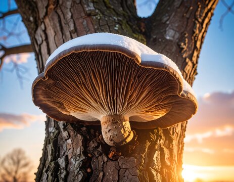 Large mushroom on tree trunk at sunset