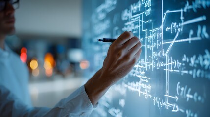 Man wearing glasses writing complex mathematical formulas on a glowing blue digital screen equations