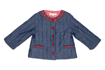 Stylish indigo blue quilted jacket for children, featuring red heart-patterned lining, decorative red embroidered collar and pockets, and front button closure  on transparent background